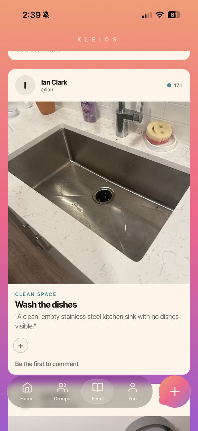 A friend's verified proof photo in the Kleios feed