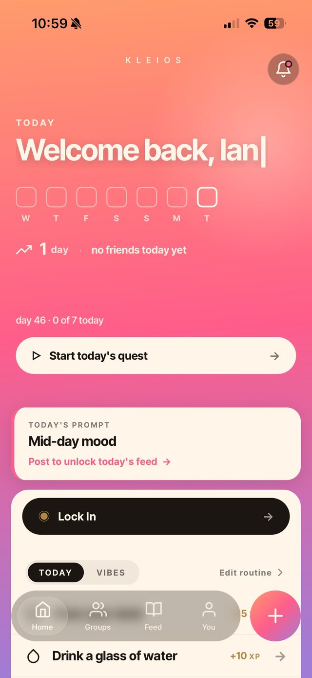 The Kleios home screen: today's routine with XP on each task