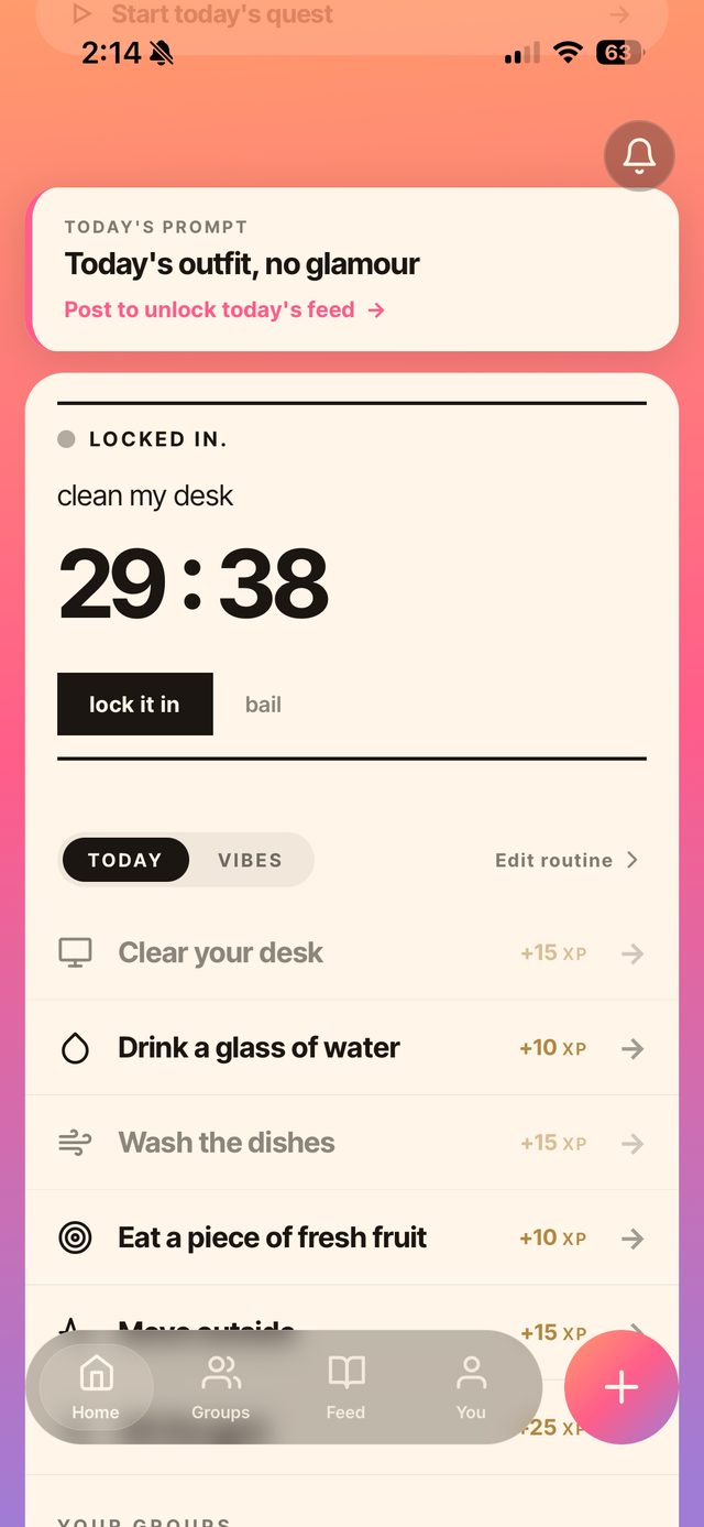 A live Kleios lock-in session counting down, with the task named above the timer