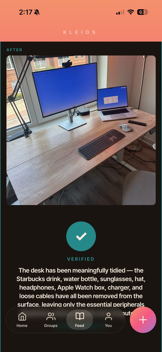 A verified Kleios proof photo with the AI's written verdict beneath it